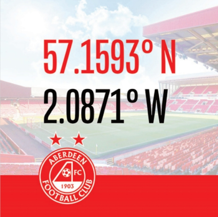 PITTODRIE STADIUM COORDINATES CARD